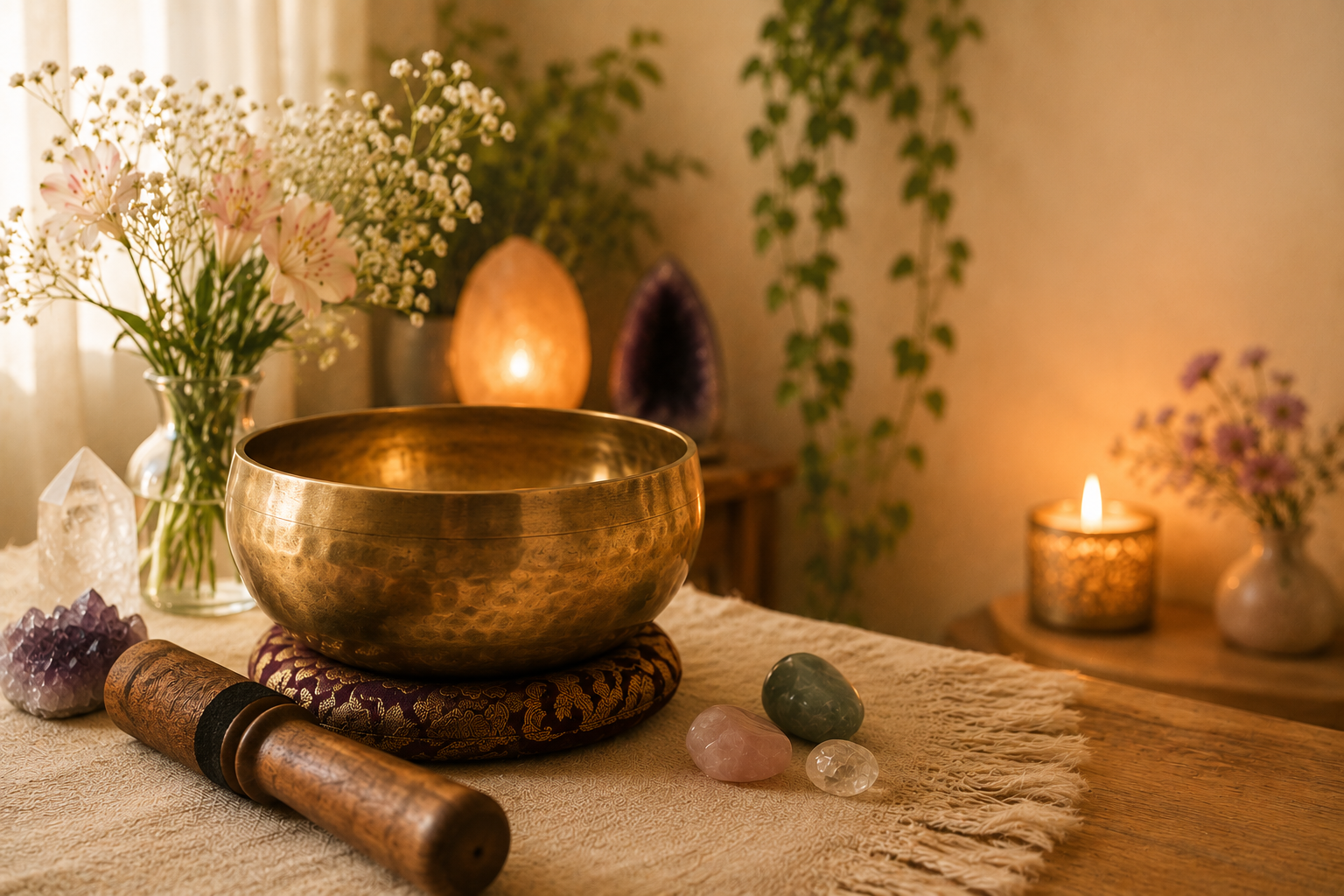 Tigela tibetana em ambiente de meditação, com cristais, velas e flores
