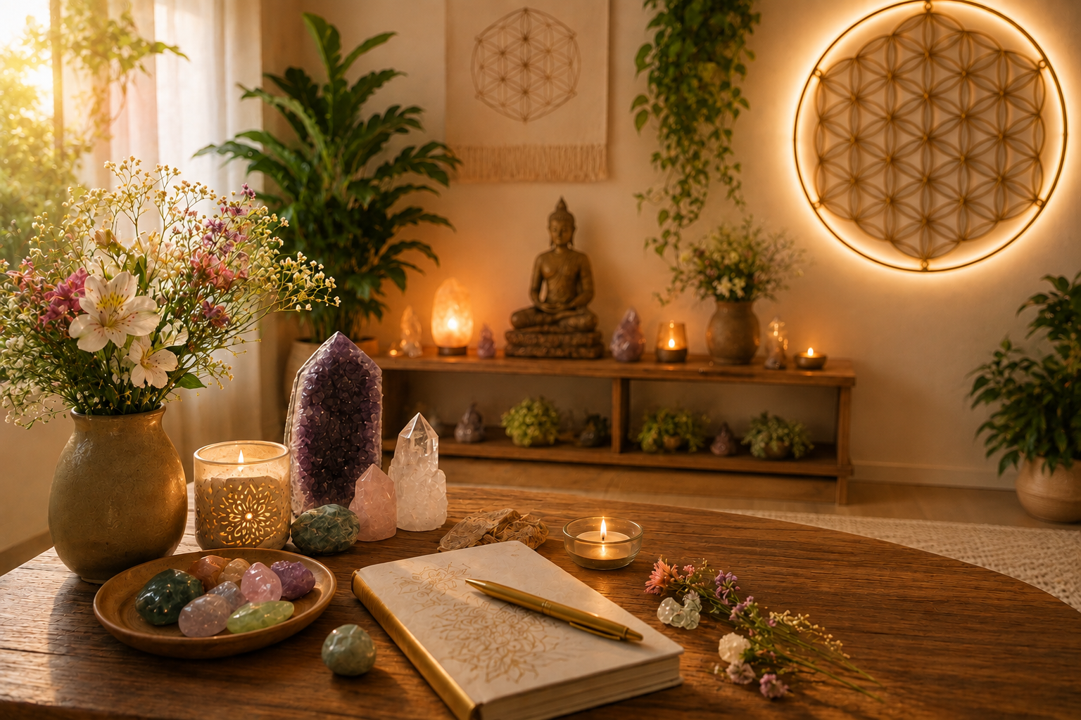 Espaço de atendimento da Lígia com cristais, velas e flores em luz suave