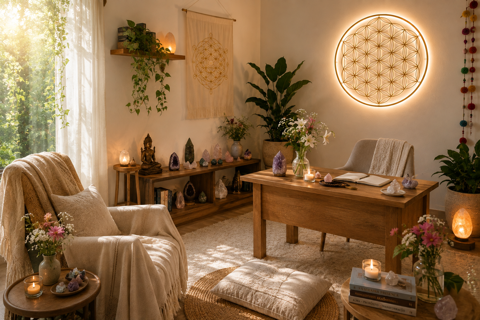 Espaço acolhedor de mentoria e autoconhecimento, com cristais, velas e Flor da Vida